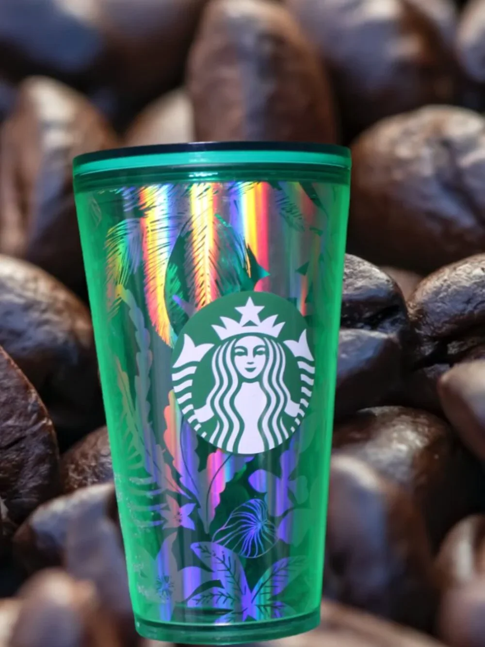 STARBUCKS 2022 Iridescent Green Tropical Leaves Metallic Tumbler 16 oz